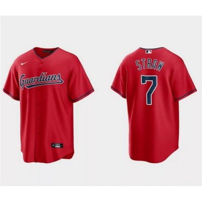 Men Cleveland Guardians 7 Myles Straw Red Cool Base Stitched Jersey