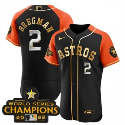 Men Houston Astros 2 Alex Bregman 2023 Black Gold V2 Alternate Flex Base Stitched Baseball Jersey