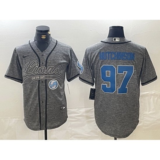 Men Detroit Lions 97 Aidan Hutchinson Grey Cool Base Stitched Baseball Jersey 3