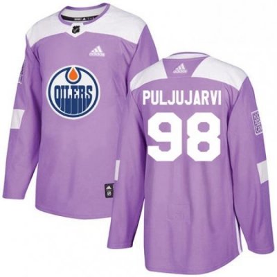 Mens Adidas Edmonton Oilers 98 Jesse Puljujarvi Authentic Purple Fights Cancer Practice NHL Jersey