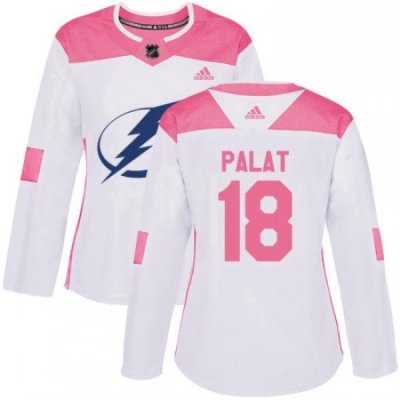 Womens Adidas Tampa Bay Lightning 18 Ondrej Palat Authentic WhitePink Fashion NHL Jersey