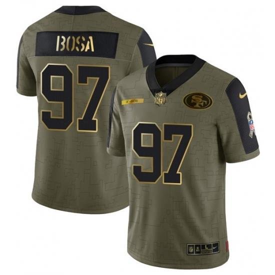 Men San Francisco 49ers 97 Nick Bosa 2021 Olive Camo Salute To Service Golden Limited Stitched Jersey