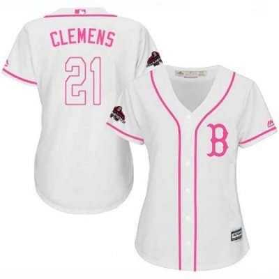 Womens Majestic Boston Red Sox 21 Roger Clemens Authentic White Fashion 2018 World Series Champions MLB Jersey