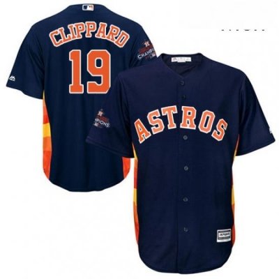 Mens Majestic Houston Astros 19 Tyler Clippard Replica Navy Blue Alternate 2017 World Series Champions Cool Base MLB Jersey