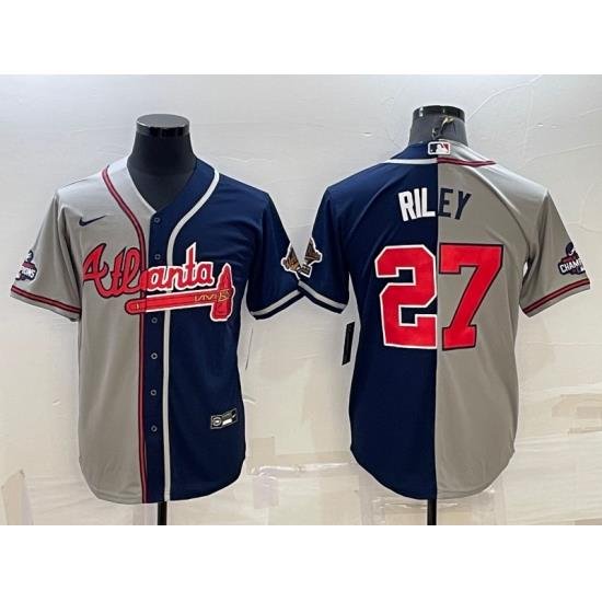 Men's Atlanta Braves #27 Austin Riley Gray Navy TWo Tone Split Cool Base Stitched Baseball Jersey