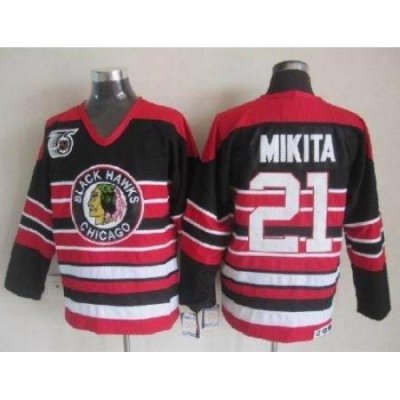 Blackhawks #21 Stan Mikita Red Black 75TH CCM Stitched NHL Jersey