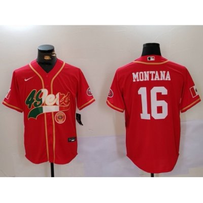 Men San Francisco 49ers 16 Joe Montana Red With Patch Cool Base Stitched Baseball Jersey 1