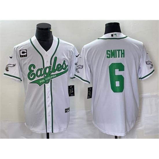 Men Philadelphia Eagles 6 DeVonta Smith White With C Patch Cool Base Stitched Baseball Jersey