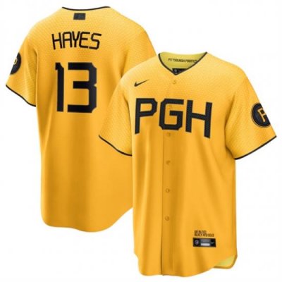 Men Pittsburgh Pirates 13 Ke 27Bryan Hayes Gold 2023 City Connect Stitched Jersey