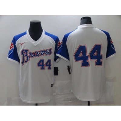 Men Nike Atlanta Braves Hank Aaron 44 White Blue Pullover Jersey