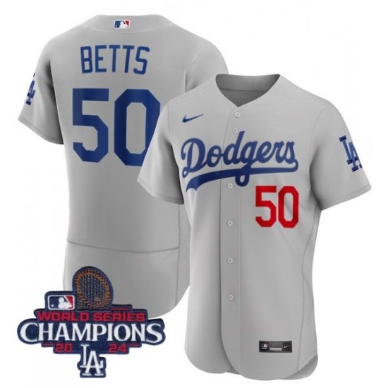 Women Nike Los Angeles Dodgers Mookie Betts #50 Gray Flex Base 2024 World Series Champions Stitched MLB Jersey II