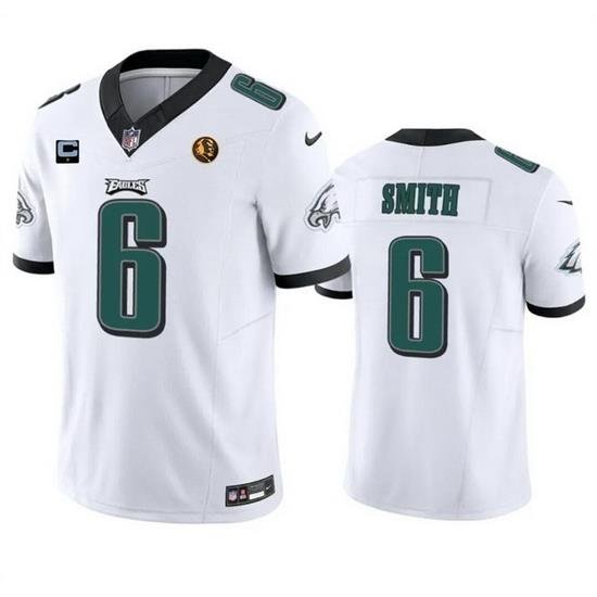 Men Philadelphia Eagles 6 DeVonta Smith White 2023 F U S E  With 1 Star C Patch And John Madden Patch Vapor Limited Stitched Football Jersey