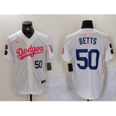 Men Los Angeles Dodgers 50 Mookie Betts White Pink Vin  26 Kobe Patch Stitched Baseball Jersey 8