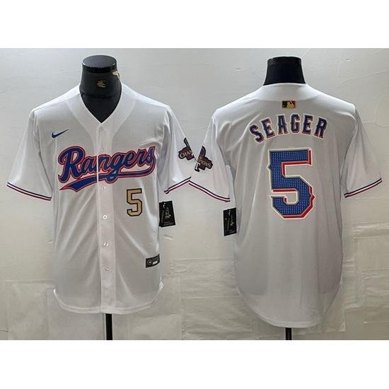 Men Texas Rangers 5 Corey Seager Number White 2023 World Series Champions Cool Base Jerseys