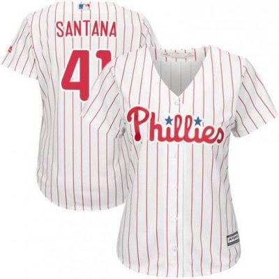 Womens Majestic Philadelphia Phillies 41 Carlos Santana Replica WhiteRed Strip Home Cool Base MLB Jersey