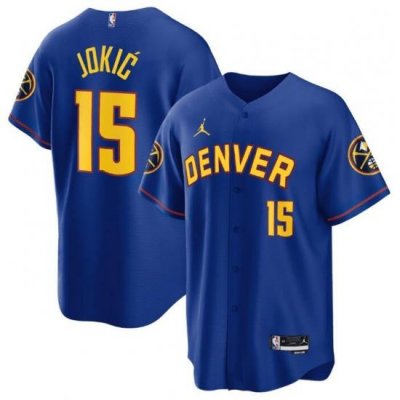 Men Denver Nuggets 15 Nikola Jokic Blue Stitched Baseball Jersey