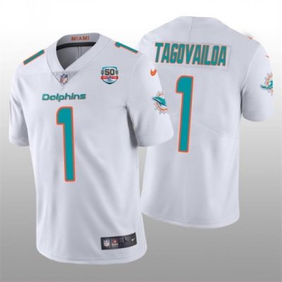 Men Miami Dolphins 1 Tua Tagovailoa 2022 White With With 50th Perfect Season Patch Limited Stitched Jersey