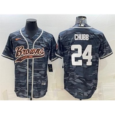 Men Cleveland Browns 24 Nick Chubb Grey Camo With Patch Cool Base Stitched Baseball Jersey