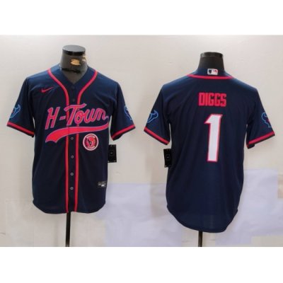 Men Houston Texans 1 Stefon Diggs Navy With Patch Cool Base Stitched Baseball Jersey 1