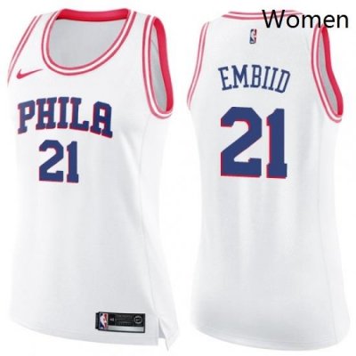 Womens Nike Philadelphia 76ers 21 Joel Embiid Swingman WhitePink Fashion NBA Jersey