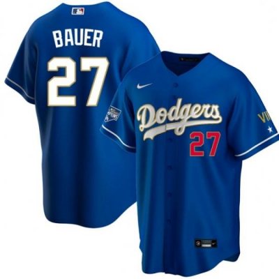 Men Los Angeles Dodgers Trevor Bauer 27 Championship Gold Trim Blue Limited All Stitched Flex Base Jersey