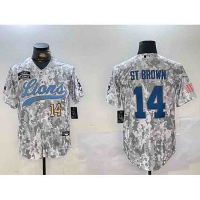 Men Detroit Lions 14 Amon Ra St Brown 2024 Arctic Camo Salute To Service Stitched Baseball Jersey 2