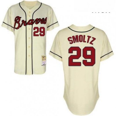 Mens Mitchell and Ness Atlanta Braves 29 John Smoltz Authentic Cream Throwback MLB Jersey