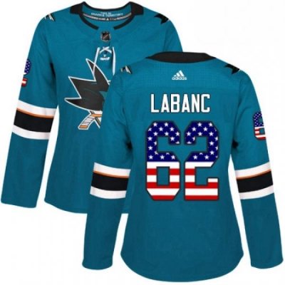 Womens Adidas San Jose Sharks 62 Kevin Labanc Authentic Teal Green USA Flag Fashion NHL Jersey