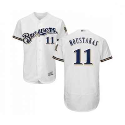 Mens Milwaukee Brewers 11 Mike Moustakas White Alternate Flex Base Authentic Collection Baseball Jersey