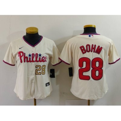 Women Philadelphia Phillies 28 Alec Bohm Cream Cool Base Stitched Baseball Jersey 1