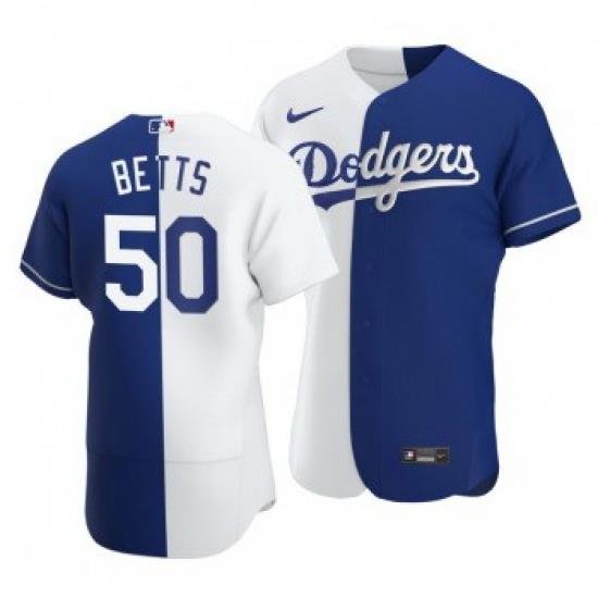 Men Los Angeles Dodgers 50 Mookie Betts Split White Blue TWo Tone Jersey