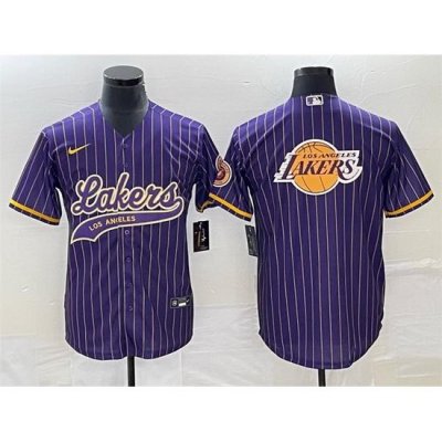 Men Los Angeles Lakers Team Big Logo Purple Cool Base With Patch Stitched Baseball JerseyS