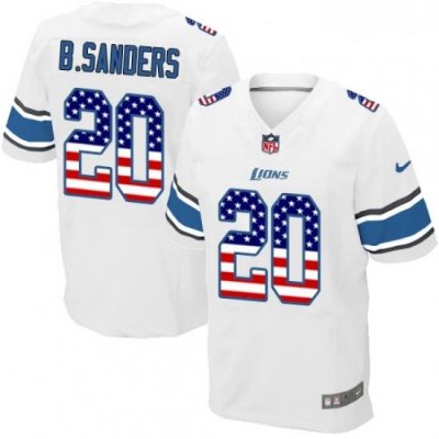 Men Nike Detroit Lions 20 Barry Sanders Elite White Road USA Flag Fashion NFL Jersey