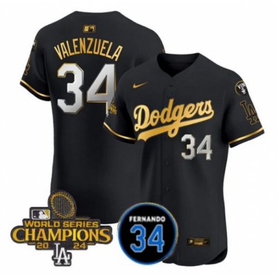 Men Los Angeles Dodgers 34 Fernando Valenzuela Black Gold 2024 World Series Champions With 34 Patch Vapor Limited Stitched Baseball Jersey