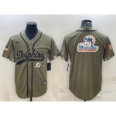 Men Miami Dolphins Olive 2022 Salute To Service Team Big Logo Cool Base Stitched Baseball Jersey II