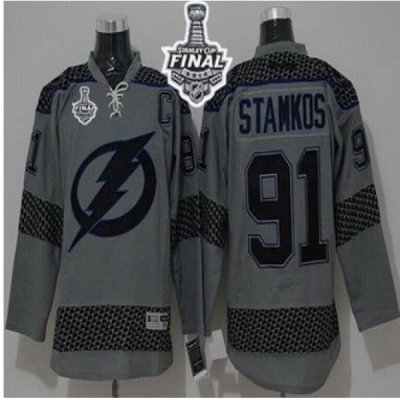 Tampa Bay Lightning #91 Steven Stamkos Charcoal Cross Check Fashion 2015 Stanley Cup Stitched NHL Jersey