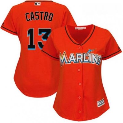 Womens Majestic Miami Marlins 13 Starlin Castro Authentic Orange Alternate 1 Cool Base MLB Jersey