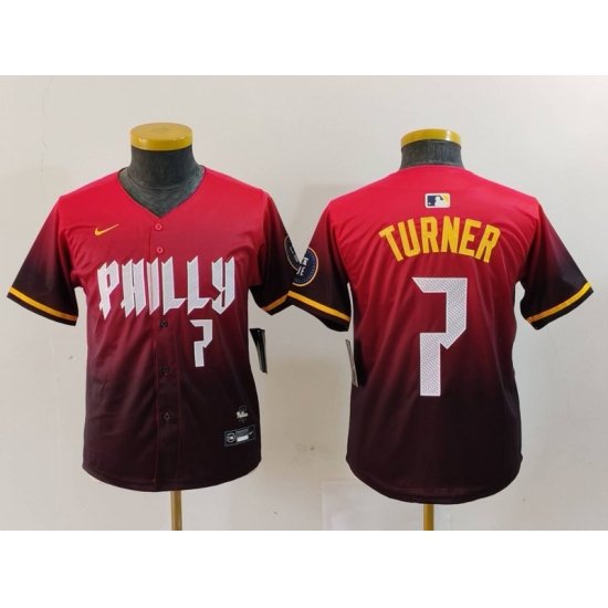 Youth Philadelphia Phillies 7 Trea Turner Red 2024 City Connect Limited Stitched Baseball Jersey 1