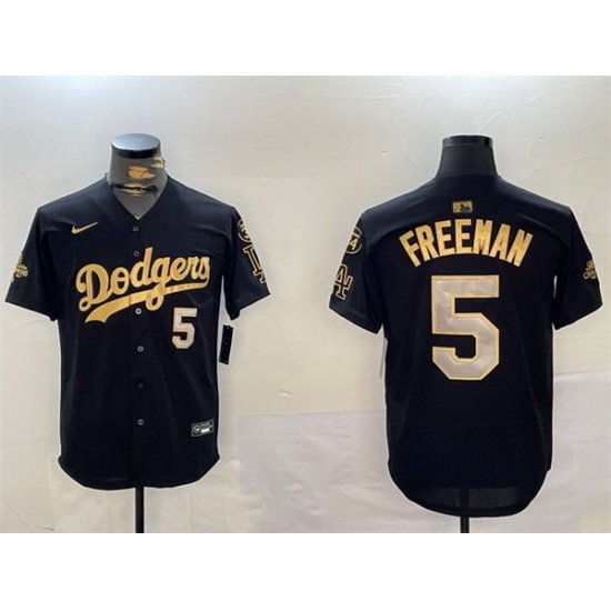 Men Los Angeles Dodgers 5 Freddie Freeman Black Gold 2024 World Series Champions With Fernando Memorial Patch Limited Stitched Baseball Jersey