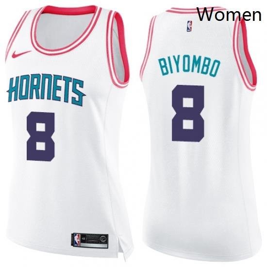 Womens Nike Charlotte Hornets 8 Bismack Biyombo Swingman White Pink Fashion NBA Jersey