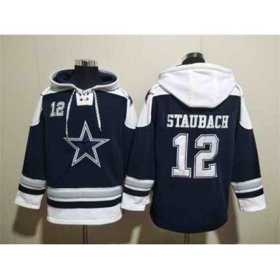 Men Dallas Cowboys 12 Roger Staubach Navy Ageless Must Have Lace Up Pullover Hoodie