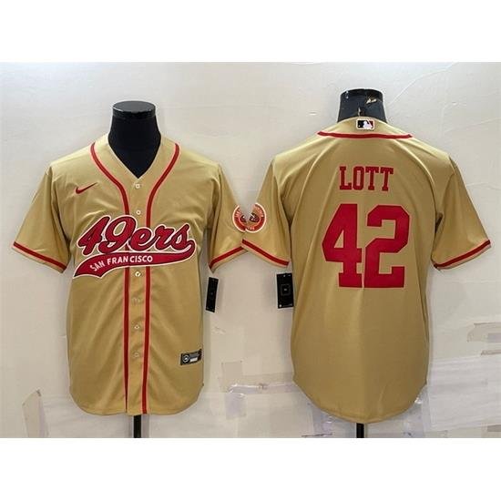 Men San Francisco 49ers 42 Ronnie Lott Gold With Patch Cool Base Stitched Baseball Jersey