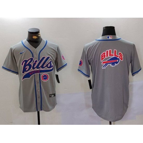 Men Buffalo Bills Grey Team Big logo Cool Base Stitched Baseball Jersey