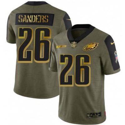 Men Philadelphia Eagles 26 Miles Sanders 2021 Olive Camo Salute To Service Golden Limited Stitched Jersey