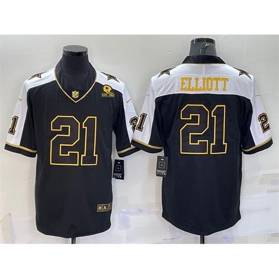 Men Dallas Cowboys 21 Ezekiel Elliott Black Gold Thanksgiving With Patch Stitched Jersey