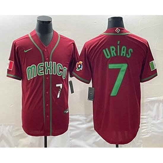 Mens Mexico Baseball #7 Julio Urias Number 2023 Red Green World Baseball Classic Stitched Jersey