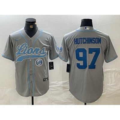 Men Detroit Lions 97 Aidan Hutchinson Grey Cool Base Stitched Baseball Jersey 2