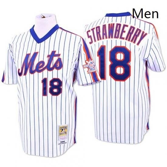 Mens Mitchell and Ness NeW York Mets 18 Darryl StraWberry Replica WhiteBlue Strip ThroWback MLB Jersey