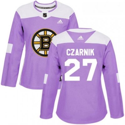 Womens Adidas Boston Bruins 27 Austin Czarnik Authentic Purple Fights Cancer Practice NHL Jersey