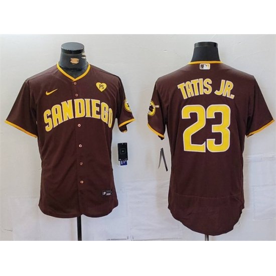 Men San Diego Padres 23 Fernando Tatis Jr  Brown With PS Patch Flex Base Stitched Baseball Jersey